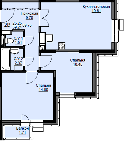 2-комнатная, 59.75м², ЖК Соболевка, 8 962 500 ₽
