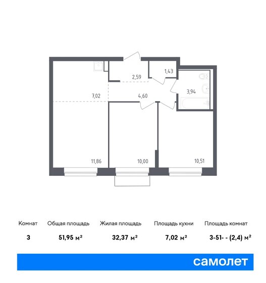 3-комнатная, 51.95м², ЖК Рублевский Квартал, 10 089 946 ₽