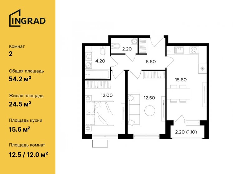 2-комнатная, 54.2 м², ЖК Миловидное, 13 553 718 ₽