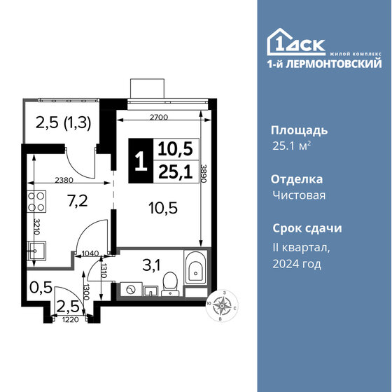1-комнатная, 25.1 м², ЖК 1-й Лермонтовский, 7 826 180 ₽