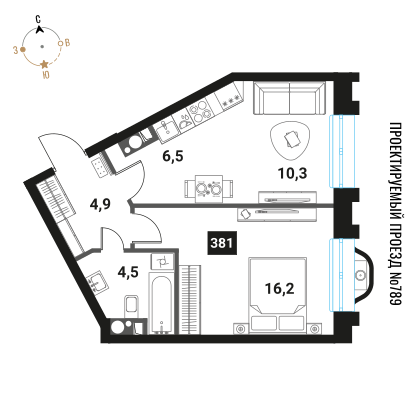 2-комнатная, 42.4 м², ЖК Интеллигент, 16 781 240 ₽