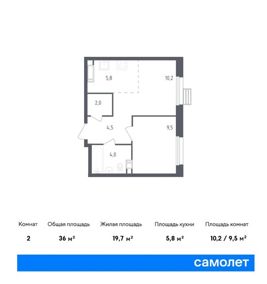 2-комнатная, 36м², ЖК Южное Бунино, 8 160 372 ₽