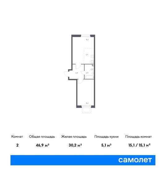 2-комнатная, 46.9м², ЖК Южное Бунино, 10 640 250 ₽