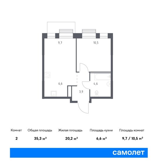 2-комнатная, 35.3 м², ЖК Графика на воде, 14 921 706 ₽