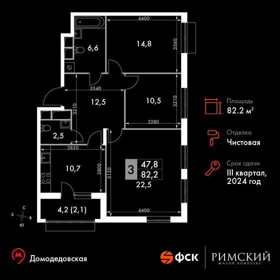 3-комнатная, 82.2м², Up-квартал Римский, 18 556 650 ₽