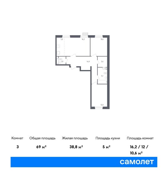 3-комнатная, 69м², ЖК Южное Бунино, 14 542 785 ₽