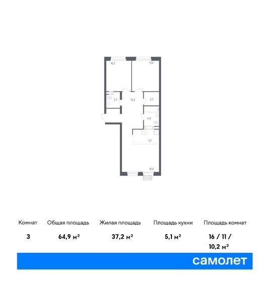 3-комнатная, 64.9м², ЖК Южное Бунино, 13 922 413 ₽