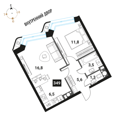 2-комнатная, 45.5 м², ЖК Интеллигент, 16 568 188 ₽