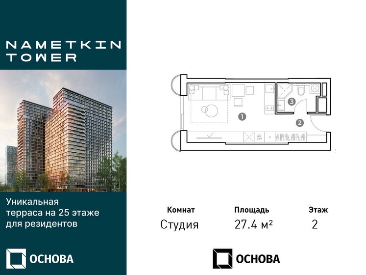 1-комнатная, 27.4 м², ЖК NAMETKIN TOWER, 9 622 880 ₽