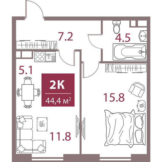 2-комнатная, 44.4 м², ЖК Legacy, 27 106 200 ₽