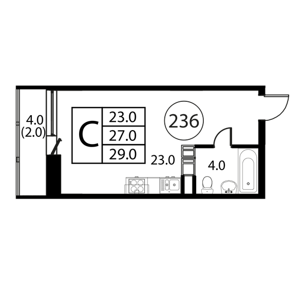 1-комнатная, 29 м², ЖК Космос, 4 248 500 ₽