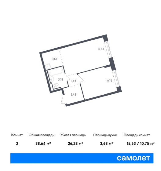 2-комнатная, 38.64м², ЖК Рублевский Квартал, 7 398 371 ₽