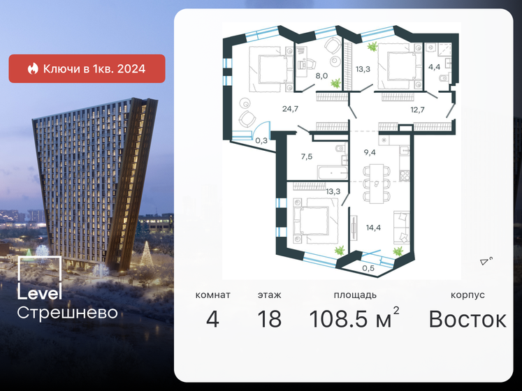4-комнатная, 108.5м², ЖК Level Стрешнево, 35 544 104 ₽