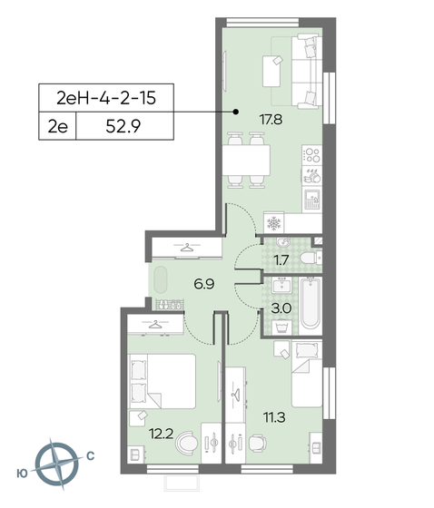 2-комнатная, 52.9м², ЖК Лучи, 13 706 072 ₽