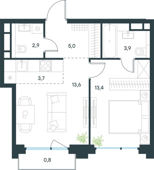 2-комнатная, 43.3 м², ЖК Level Бауманская, 21 867 856 ₽