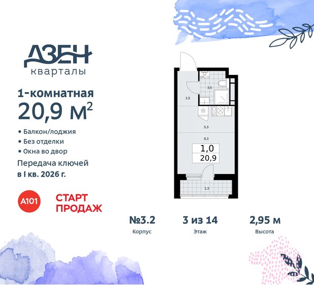 1-комнатная, 20.9 м², ЖК Дзен-кварталы, 7 172 239 ₽