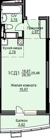 1-комнатная, 29.48 м², ЖК Соболевка, 4 569 400 ₽