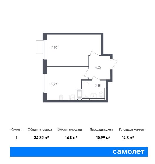 1-комнатная, 34.32м², ЖК Пятницкие Луга, 6 474 158 ₽