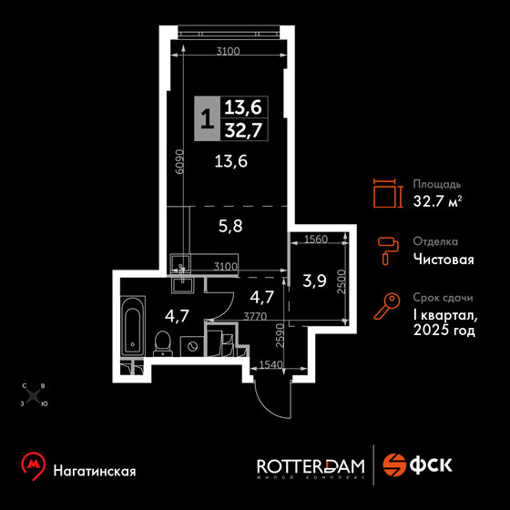 1-комнатная, 32.7 м², ЖК Роттердам, 21 920 708 ₽