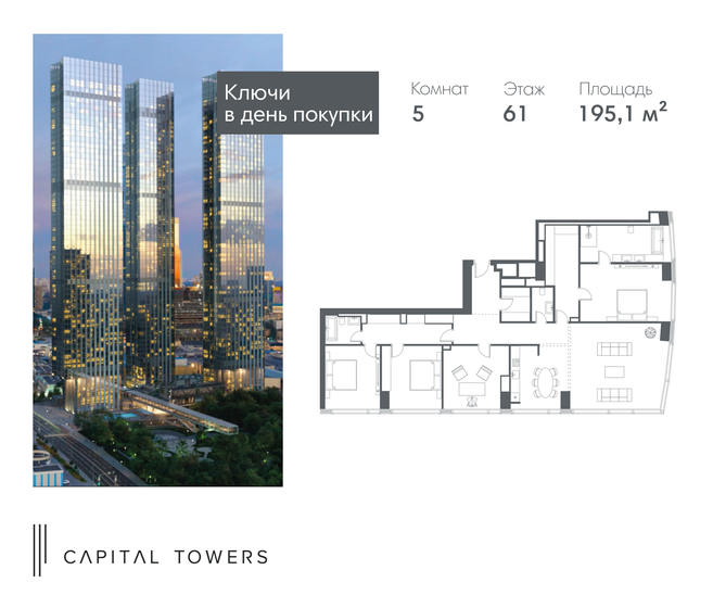 5-комнатная, 195.1м², ЖК Capital Towers, 212 249 296 ₽