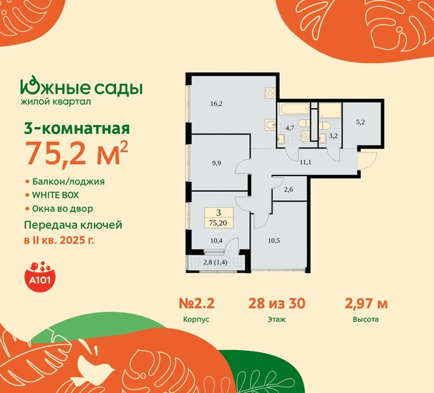 3-комнатная, 75.2м², ЖК Южные сады, 20 111 404 ₽