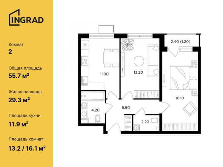 2-комнатная, 55.7 м², ЖК Миловидное, 13 698 323 ₽