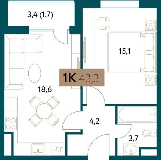 2-комнатная, 43.4м², ЖК Настоящее, 28 118 656 ₽