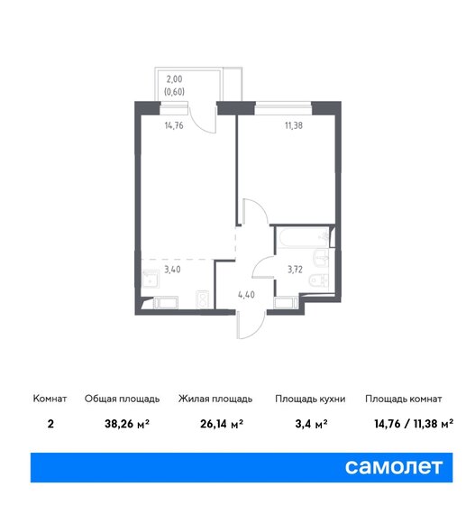 2-комнатная, 38.26м², ЖК Новое Внуково, 9 409 802 ₽