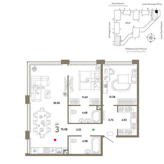 3-комнатная, 75.58м², ЖК WOW, 47 990 000 ₽