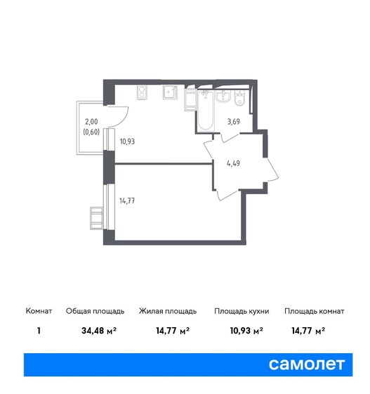 1-комнатная, 34.48м², ЖК Новое Внуково, 9 985 623 ₽