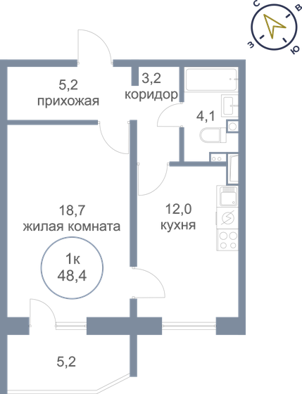 1-комнатная, 48.4 м², ЖК Первый Зеленоградский, 8 200 000 ₽