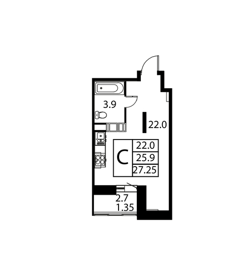 1-комнатная, 27.25 м², ЖК Космос, 4 073 875 ₽