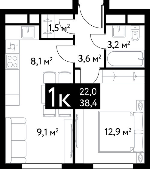 2-комнатная, 38.4 м², ЖК Dialog, 26 563 200 ₽