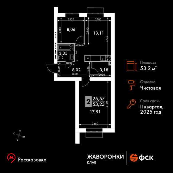 2-комнатная, 53.23 м², ЖК Жаворонки Клаб, 10 507 602 ₽