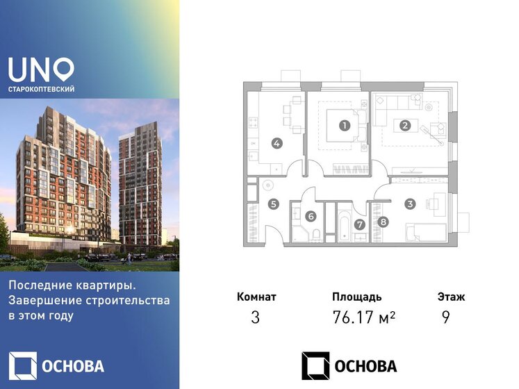 3-комнатная, 76.17 м², ЖК UNO Старокоптевский, 28 106 730 ₽