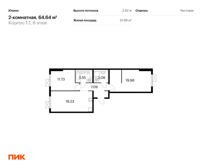 2-комнатная, 64.64м², ЖК Юнино, 15 120 976 ₽