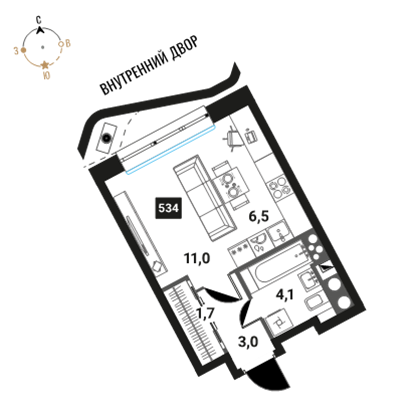 1-комнатная, 26.3 м², ЖК Интеллигент, 12 744 033 ₽