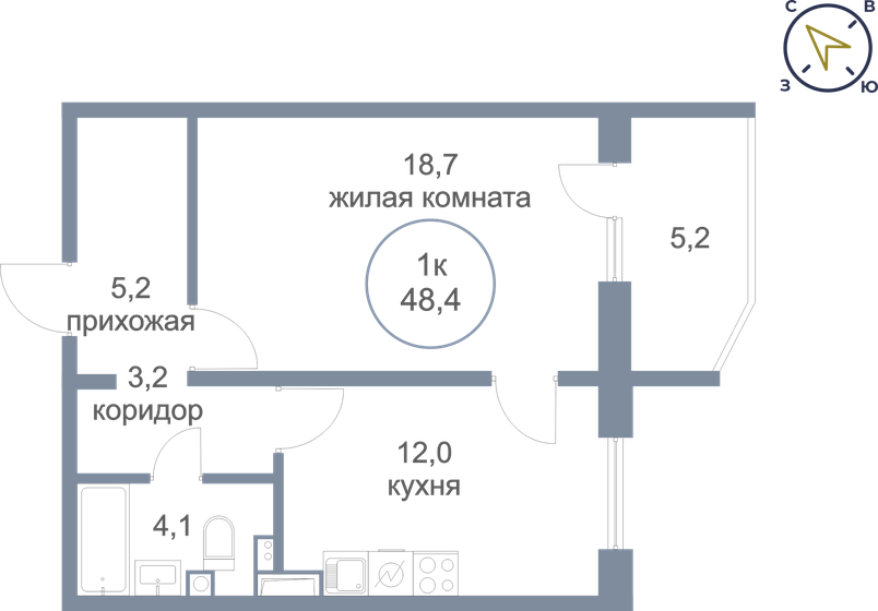 1-комнатная, 48.4 м², ЖК Первый Зеленоградский, 6 200 000 ₽