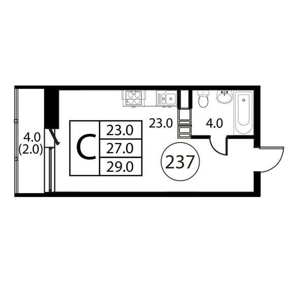 1-комнатная, 29 м², ЖК Космос, 4 248 500 ₽