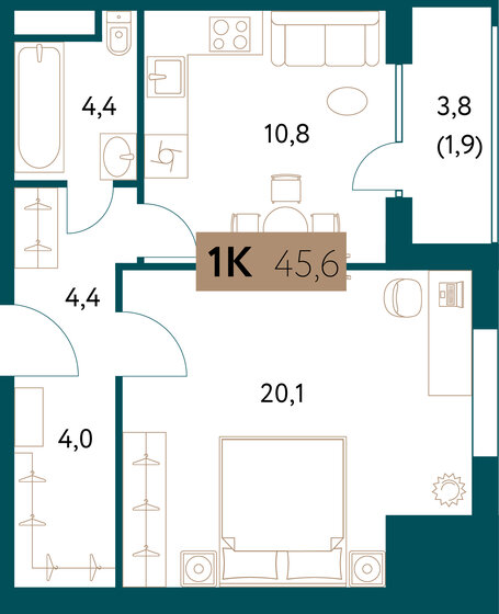 1-комнатная, 45.6 м², ЖК Настоящее, 26 442 850 ₽