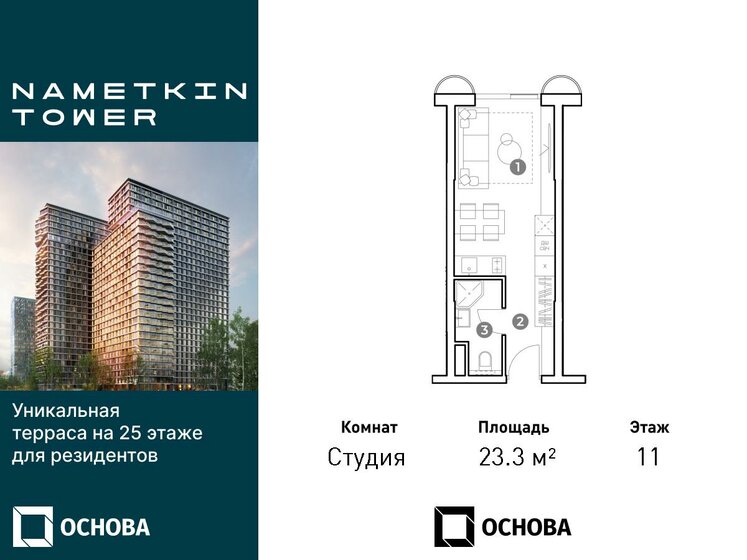 1-комнатная, 23.3 м², ЖК NAMETKIN TOWER, 9 529 700 ₽