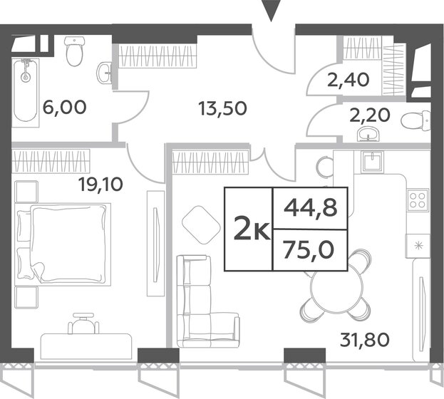 2-комнатная, 74.3м², ЖК Will Towers, 31 058 270 ₽
