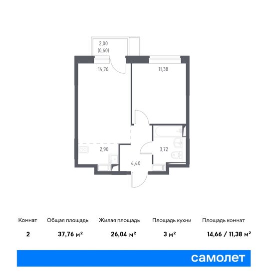 2-комнатная, 37.76м², ЖК Новое Внуково, 10 088 851 ₽