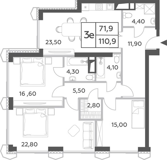 3-комнатная, 110.9м², ЖК Will Towers, 41 000 852 ₽