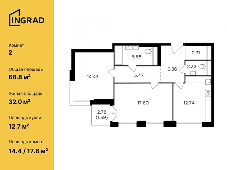 2-комнатная, 68.8м², ЖК RiverSky, 38 678 380 ₽