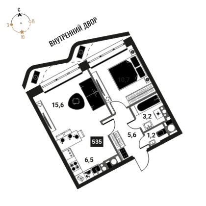 2-комнатная, 42.8 м², ЖК Интеллигент, 16 722 987 ₽