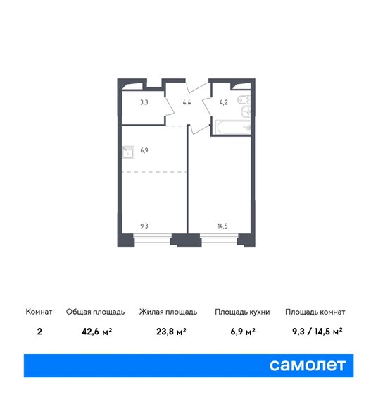2-комнатная, 42.6м², ЖК Заречье Парк, 15 040 476 ₽