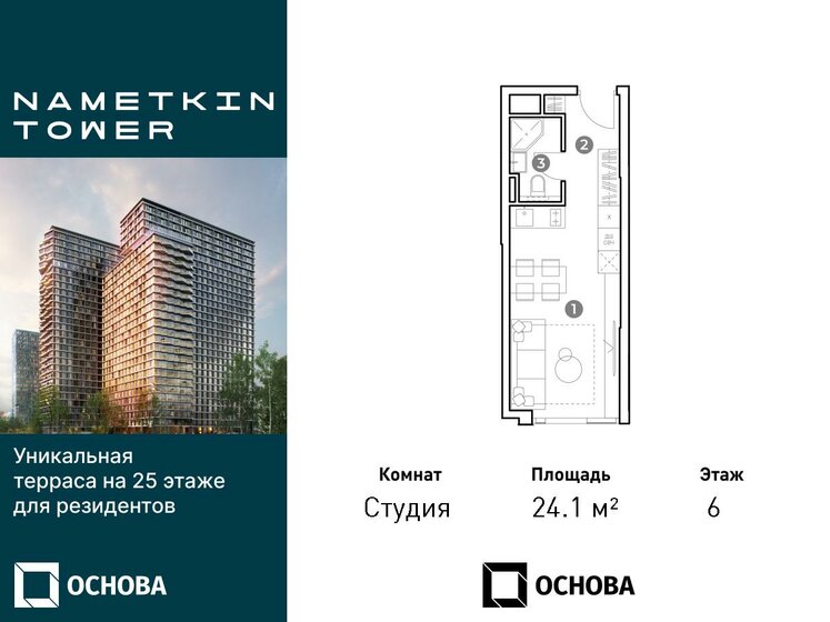 1-комнатная, 24.1 м², ЖК NAMETKIN TOWER, 9 495 400 ₽